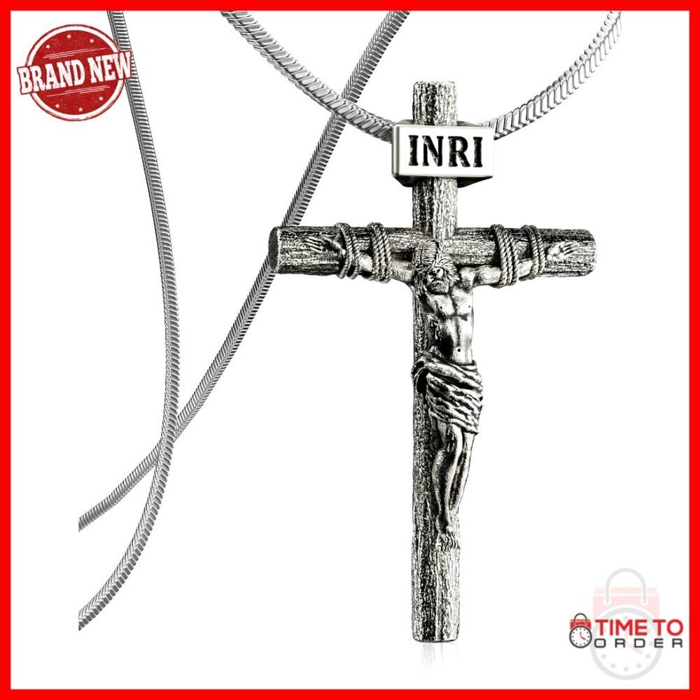 Antique Silver Crucifix Necklace Stainless Steel Snake Chain 30 Inch